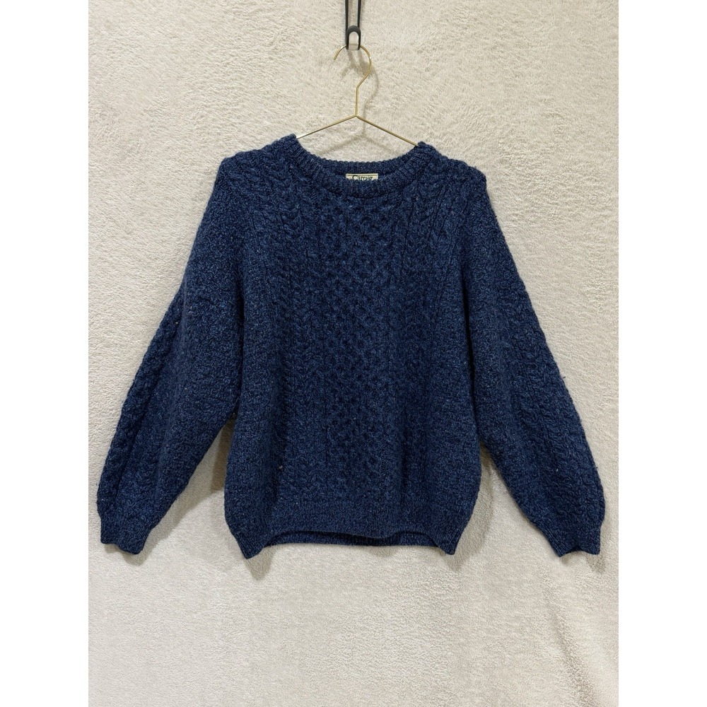 Carraig Donn Aran Sweater Blue 100% Pure New Wool Cable Knit Ireland Fisherman